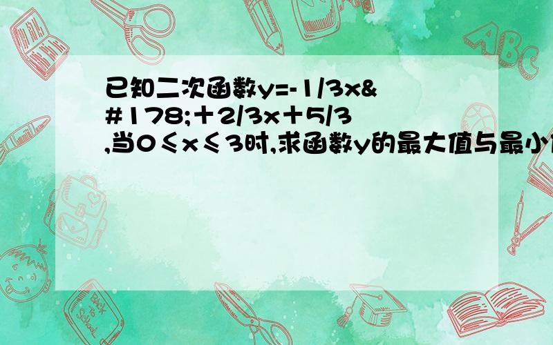 已知二次函数y=-1/3x²＋2/3x＋5/3,当0≤x≤3时,求函数y的最大值与最小值,我是个笨蛋,请给我写