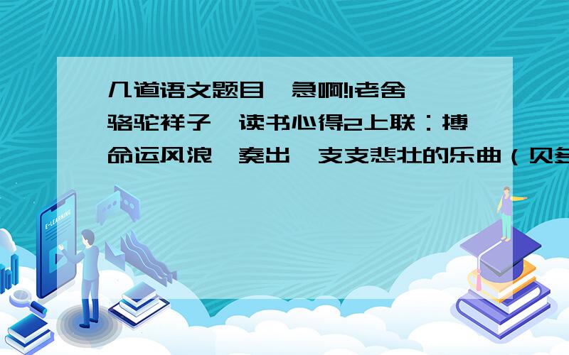 几道语文题目,急啊!1老舍《骆驼祥子》读书心得2上联：搏命运风浪,奏出一支支悲壮的乐曲（贝多芬） 下联：—————,下下