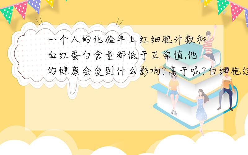 一个人的化验单上红细胞计数和血红蛋白含量都低于正常值,他的健康会受到什么影响?高于呢?白细胞过多会有炎症,过少呢?血小板