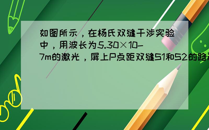 如图所示，在杨氏双缝干涉实验中，用波长为5.30×10-7m的激光，屏上P点距双缝S1和S2的路程差为7.95×10-7