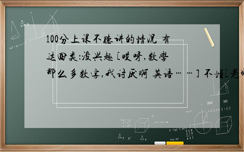 100分上课不听讲的情况 有这四类：没兴趣 [哎呀,数学那么多数字,我讨厌啊 英语……] 不懂[老师说的是什么啊?我怎么