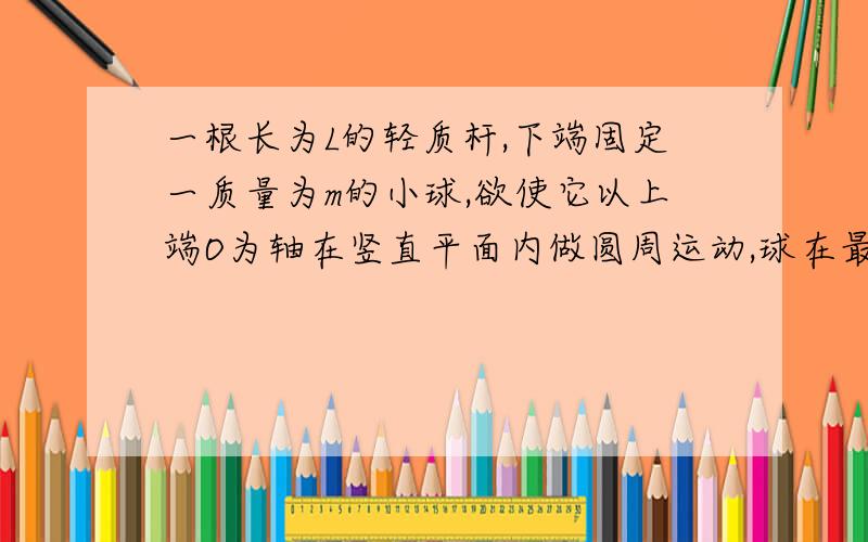 一根长为L的轻质杆,下端固定一质量为m的小球,欲使它以上端O为轴在竖直平面内做圆周运动,球在最低点时的速度至少多大?若江