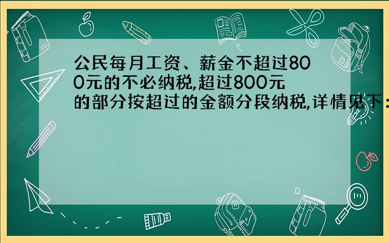 公民每月工资、薪金不超过800元的不必纳税,超过800元的部分按超过的金额分段纳税,详情见下：