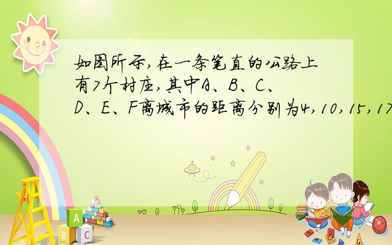 如图所示,在一条笔直的公路上有7个村庄,其中A、B、C、D、E、F离城市的距离分别为4,10,15,17,l9,20 k