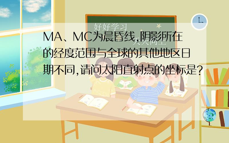 MA、MC为晨昏线,阴影所在的经度范围与全球的其他地区日期不同,请问太阳直射点的坐标是?