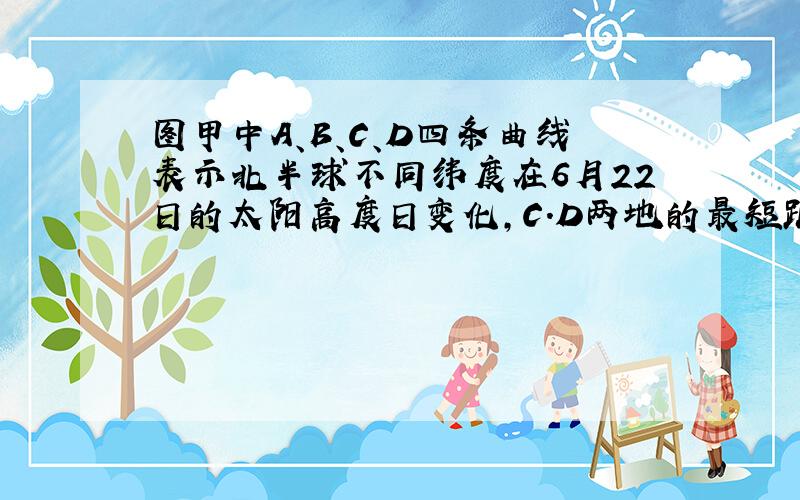 图甲中A、B、C、D四条曲线表示北半球不同纬度在6月22日的太阳高度日变化,C.D两地的最短距离大约是?