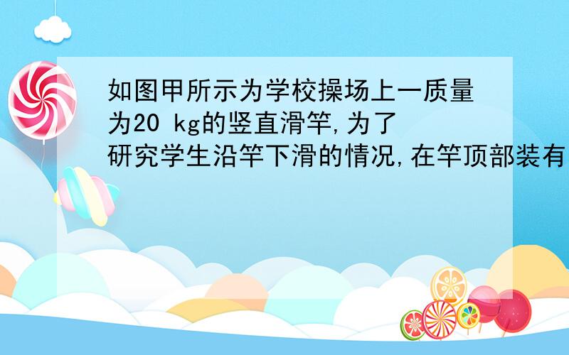 如图甲所示为学校操场上一质量为20 kg的竖直滑竿,为了研究学生沿竿下滑的情况,在竿顶部装有一力传感器