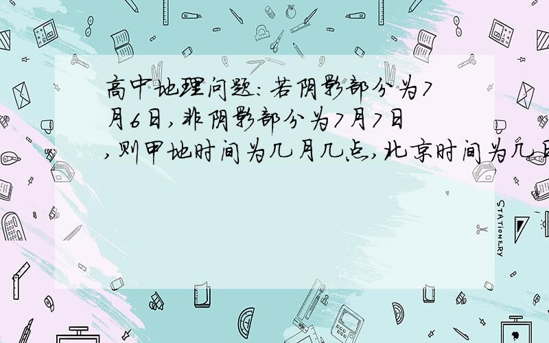 高中地理问题：若阴影部分为7月6日,非阴影部分为7月7日,则甲地时间为几月几点,北京时间为几日几点?