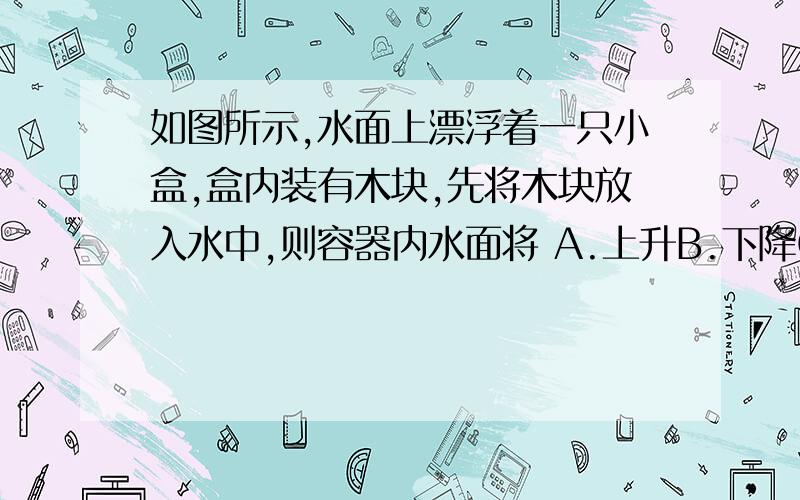 如图所示,水面上漂浮着一只小盒,盒内装有木块,先将木块放入水中,则容器内水面将 A.上升B.下降C.不变D.