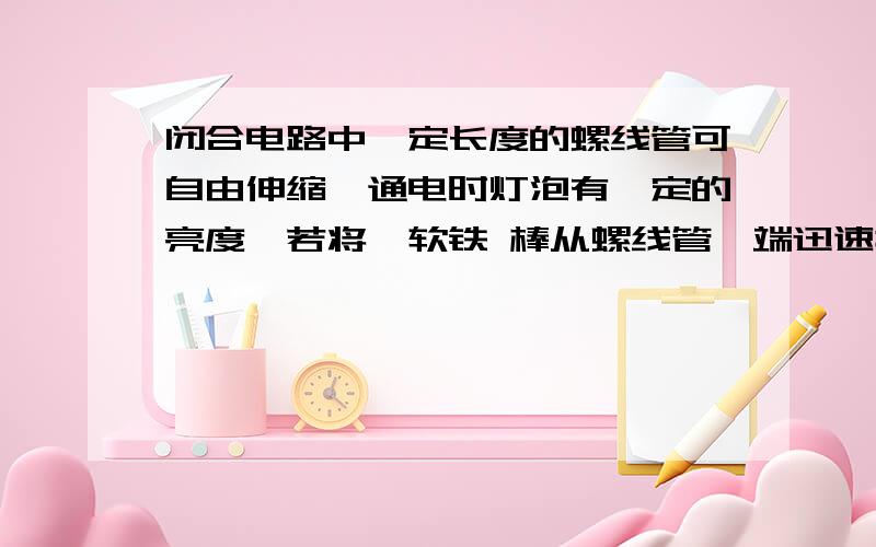 闭合电路中一定长度的螺线管可自由伸缩,通电时灯泡有一定的亮度,若将一软铁 棒从螺线管一端迅速插入螺线