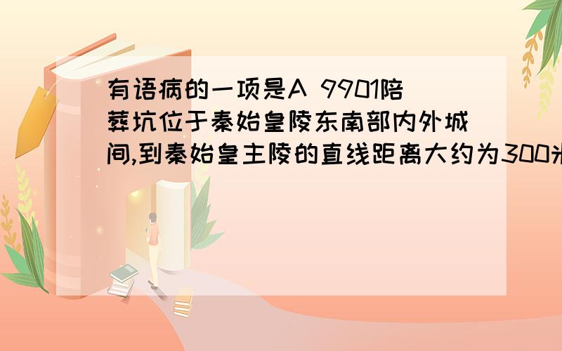 有语病的一项是A 9901陪葬坑位于秦始皇陵东南部内外城间,到秦始皇主陵的直线距离大约为300米.B 黄龙管理局正逐步完