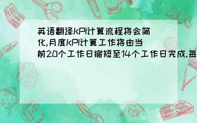 英语翻译KPI计算流程将会简化,月度KPI计算工作将由当前20个工作日缩短至14个工作日完成.每个月每个大区需要2位行政