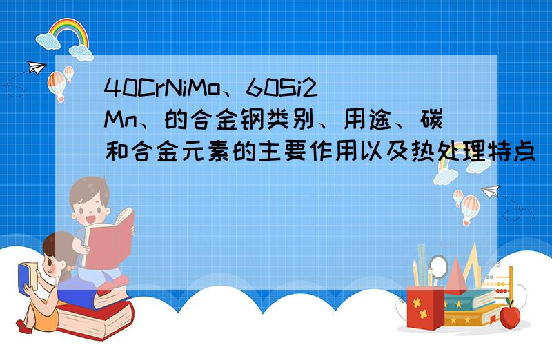 40CrNiMo、60Si2Mn、的合金钢类别、用途、碳和合金元素的主要作用以及热处理特点