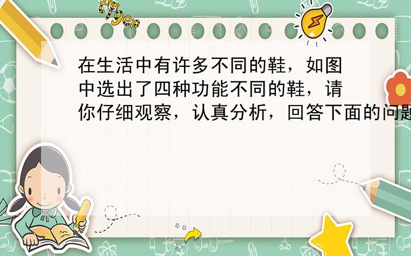 在生活中有许多不同的鞋，如图中选出了四种功能不同的鞋，请你仔细观察，认真分析，回答下面的问题． （1）生活体验：你认为图