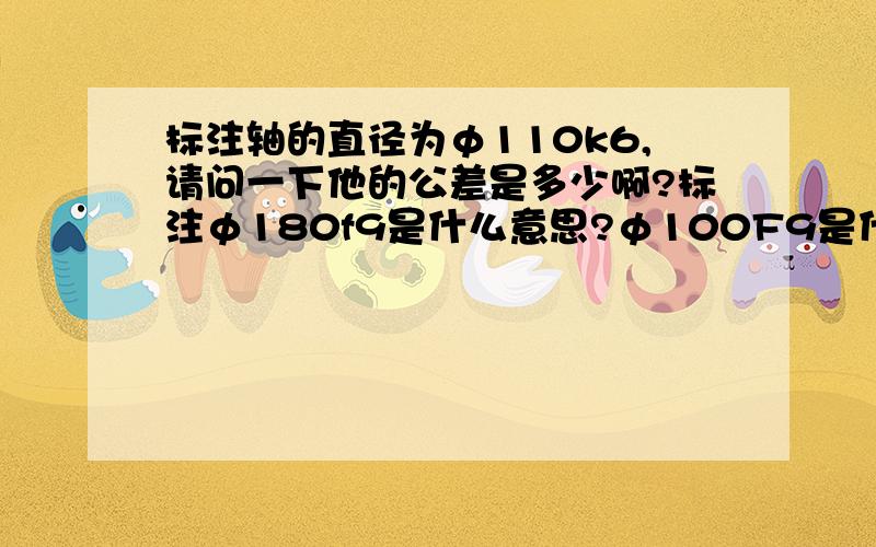 标注轴的直径为φ110k6,请问一下他的公差是多少啊?标注φ180f9是什么意思?φ100F9是什么意思?