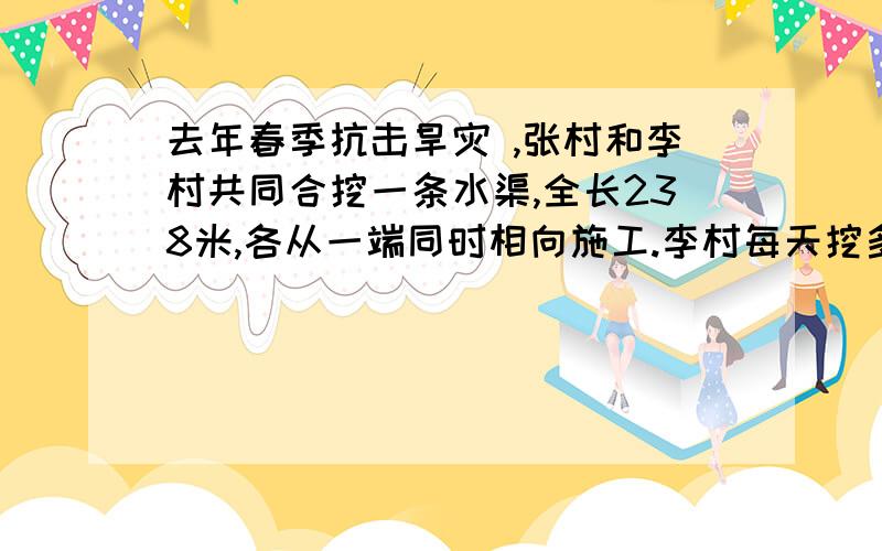 去年春季抗击旱灾 ,张村和李村共同合挖一条水渠,全长238米,各从一端同时相向施工.李村每天挖多少?