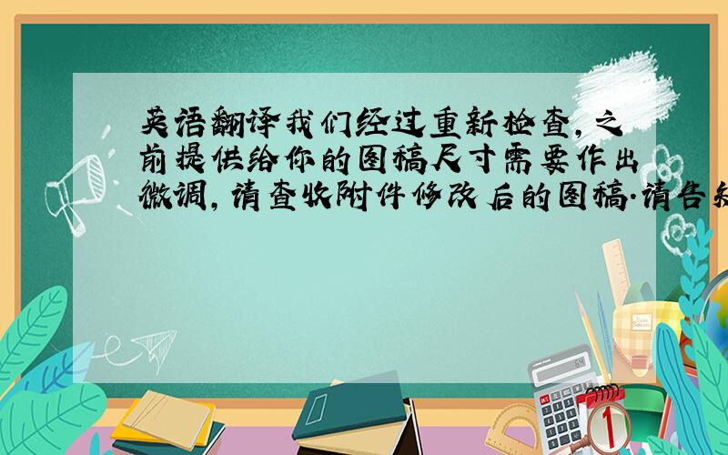 英语翻译我们经过重新检查,之前提供给你的图稿尺寸需要作出微调,请查收附件修改后的图稿.请告知什么时候才能完成这些图稿?