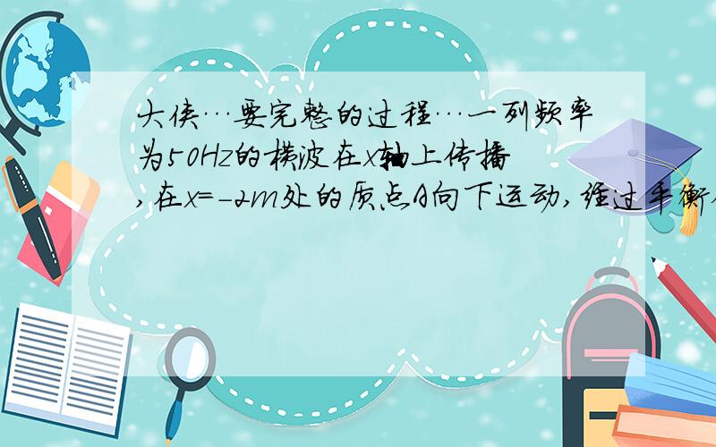 大侠…要完整的过程…一列频率为50Hz的横波在x轴上传播,在x＝-2m处的质点A向下运动,经过平衡位置时,