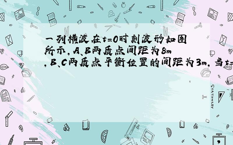 一列横波在t=0时刻波形如图所示，A、B两质点间距为8m，B、C两质点平衡位置的间距为3m，当t=1s时，质点C恰好通过