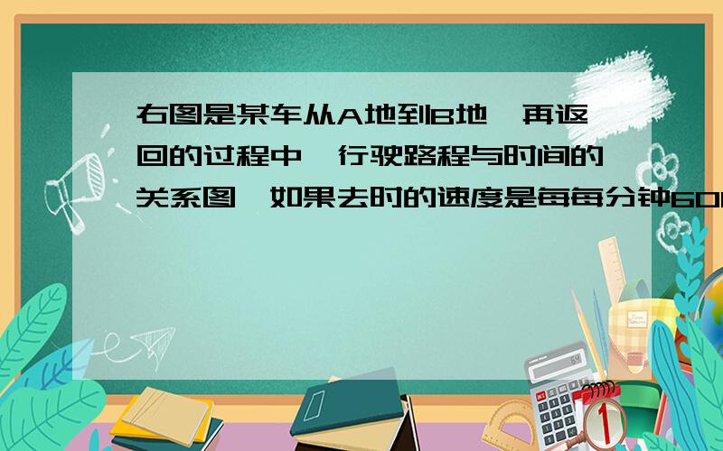 右图是某车从A地到B地,再返回的过程中,行驶路程与时间的关系图,如果去时的速度是每每分钟600米,回来时的速度比去时加快