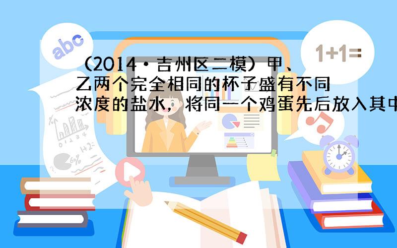 （2014•吉州区二模）甲、乙两个完全相同的杯子盛有不同浓度的盐水，将同一个鸡蛋先后放入其中，当鸡蛋静止时，两个杯子中液