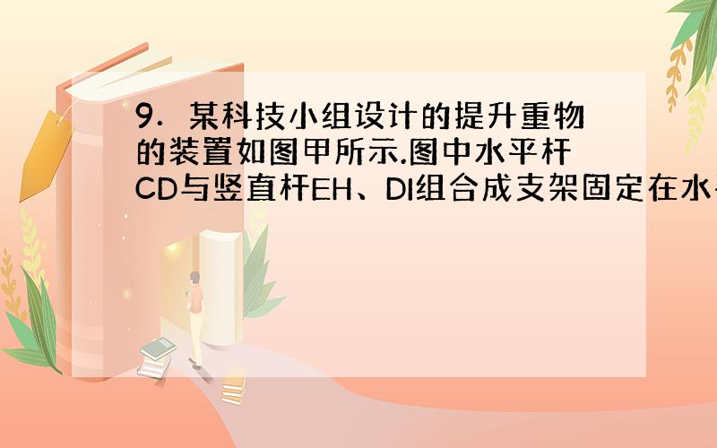 9．某科技小组设计的提升重物的装置如图甲所示.图中水平杆CD与竖直杆EH、DI组合成支架固定在水平地面上.小亮站在地面上