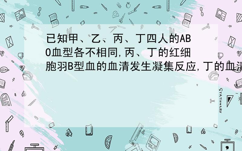 已知甲、乙、丙、丁四人的ABO血型各不相同,丙、丁的红细胞羽B型血的血清发生凝集反应,丁的血清能与乙的