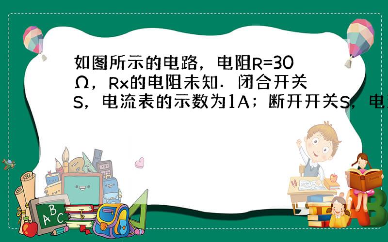 如图所示的电路，电阻R=30Ω，Rx的电阻未知．闭合开关S，电流表的示数为1A；断开开关S，电流表的示数变为0.8A．求