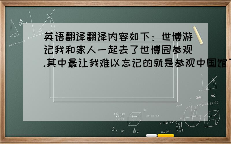 英语翻译翻译内容如下：世博游记我和家人一起去了世博园参观.其中最让我难以忘记的就是参观中国馆了.我和妈妈还没走近国家馆,