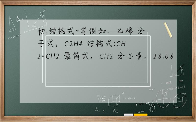 初,结构式~等例如：乙烯 分子式：C2H4 结构式:CH2=CH2 最简式：CH2 分子量：28.06 ……如果有俗名或