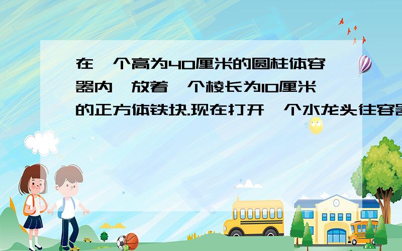 在一个高为40厘米的圆柱体容器内,放着一个棱长为10厘米的正方体铁块.现在打开一个水龙头往容器里注水,4分钟时水面恰好与