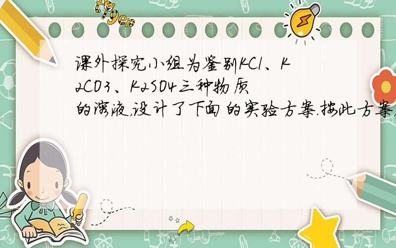 课外探究小组为鉴别KCl、K2CO3、K2SO4三种物质的溶液，设计了下面的实验方案.按此方案，他们在实验中要用到的两种