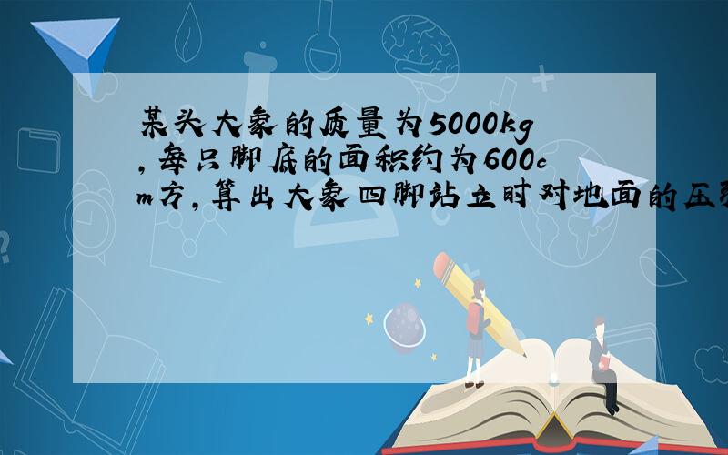 某头大象的质量为5000kg,每只脚底的面积约为600cm方,算出大象四脚站立时对地面的压强为多大? （过程）