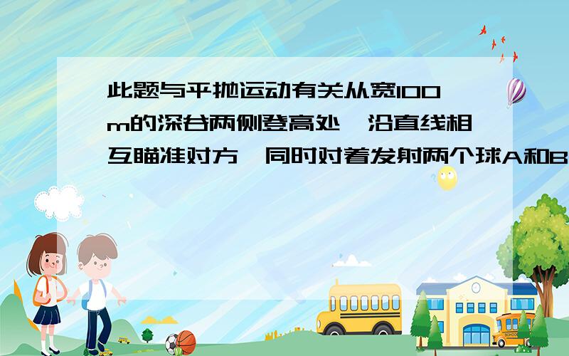 此题与平抛运动有关从宽100m的深谷两侧登高处,沿直线相互瞄准对方,同时对着发射两个球A和B,A球的初速度为20m/s,