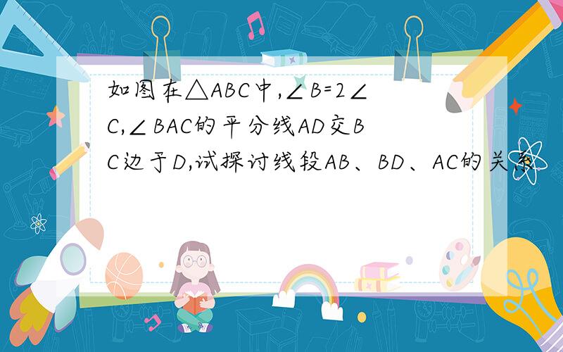 如图在△ABC中,∠B=2∠C,∠BAC的平分线AD交BC边于D,试探讨线段AB、BD、AC的关系