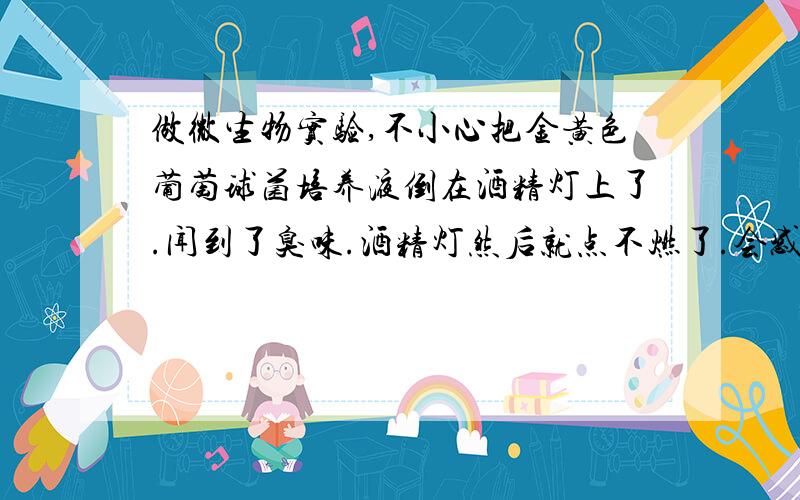 做微生物实验,不小心把金黄色葡萄球菌培养液倒在酒精灯上了.闻到了臭味.酒精灯然后就点不燃了.会感染