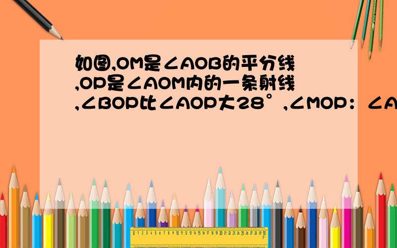 如图,OM是∠AOB的平分线,OP是∠AOM内的一条射线,∠BOP比∠AOP大28°,∠MOP：∠AOP=1：3,求∠A