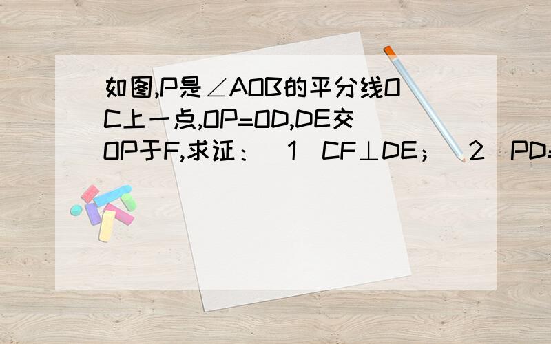 如图,P是∠AOB的平分线OC上一点,OP=OD,DE交OP于F,求证：（1）CF⊥DE；（2）PD=PE.