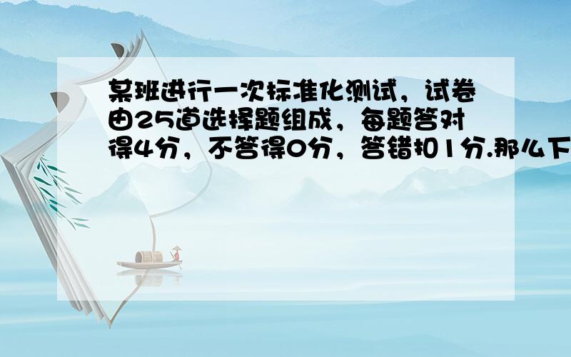 某班进行一次标准化测试，试卷由25道选择题组成，每题答对得4分，不答得0分，答错扣1分.那么下列分数中不可能的是（　　）