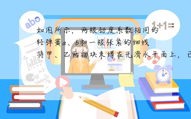 如图所示，两根劲度系数相同的轻弹簧a、b和一根张紧的细线将甲、乙两物块束缚在光滑水平面上，已知甲的质量大于乙的质量，a的