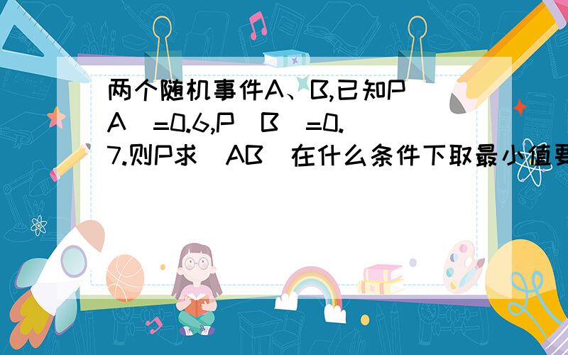 两个随机事件A、B,已知P(A)=0.6,P(B)=0.7.则P求(AB)在什么条件下取最小值要详细过程