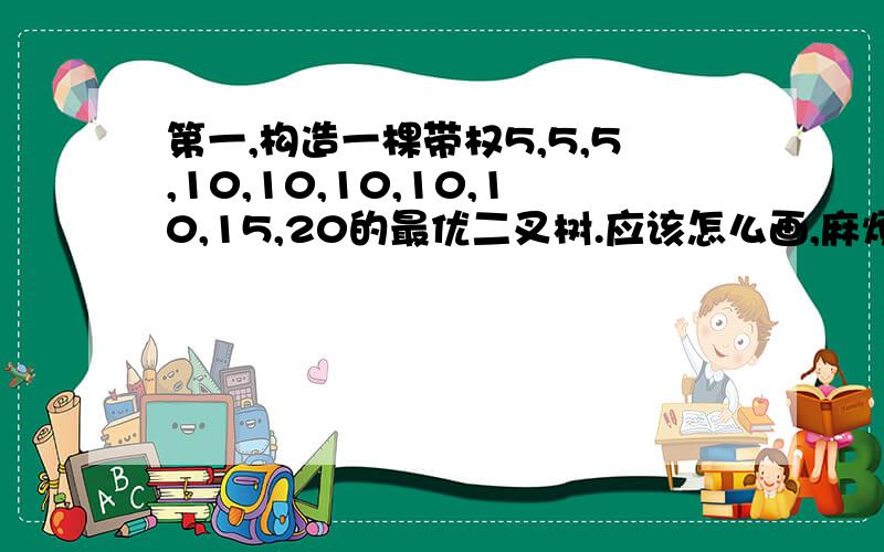 第一,构造一棵带权5,5,5,10,10,10,10,10,15,20的最优二叉树.应该怎么画,麻烦画出来,好像不是唯一