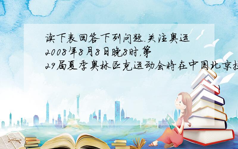 读下表回答下列问题．关注奥运2008年8月8日晚8时，第29届夏季奥林匹克运动会将在中国北京拉开帷幕．根据图表完成下列各