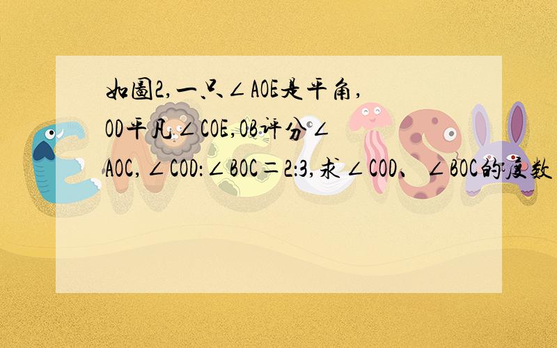 如图2,一只∠AOE是平角,OD平凡∠COE,OB评分∠AOC,∠COD：∠BOC＝2：3,求∠COD、∠BOC的度数