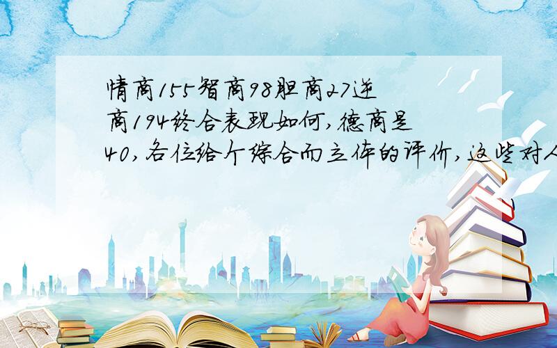 情商155智商98胆商27逆商194终合表现如何,德商是40,各位给个综合而立体的评价,这些对人会有什么影响力吗