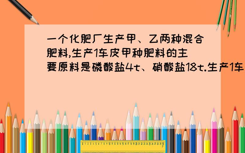 一个化肥厂生产甲、乙两种混合肥料,生产1车皮甲种肥料的主要原料是磷酸盐4t、硝酸盐18t.生产1车皮乙种肥料需要的主要原