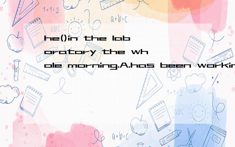 he()in the laboratory the whole morning.A.has been working ,