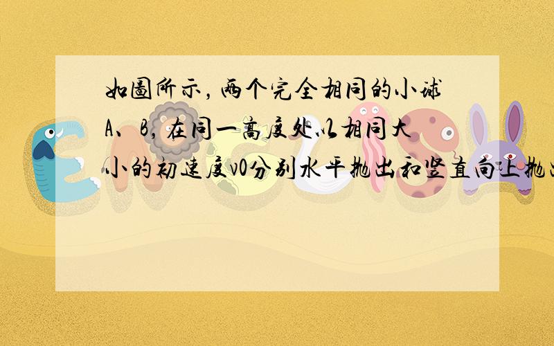 如图所示，两个完全相同的小球A、B，在同一高度处以相同大小的初速度v0分别水平抛出和竖直向上抛出，下列说法正确的是（