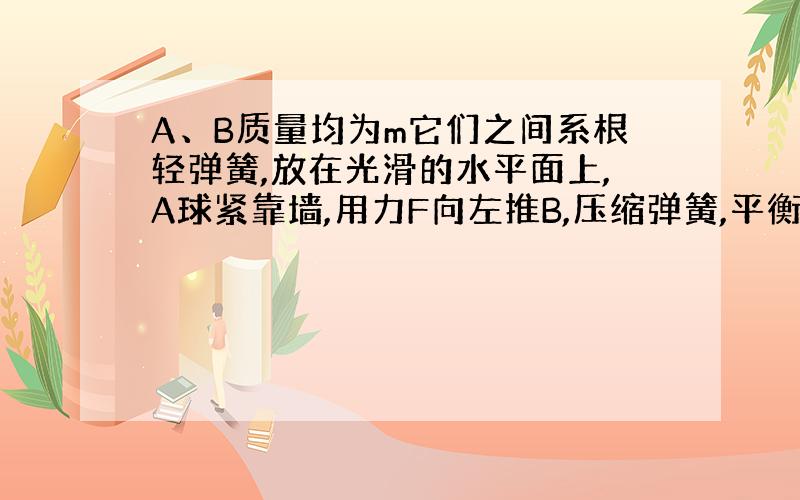 A、B质量均为m它们之间系根轻弹簧,放在光滑的水平面上,A球紧靠墙,用力F向左推B,压缩弹簧,平衡后突然松手