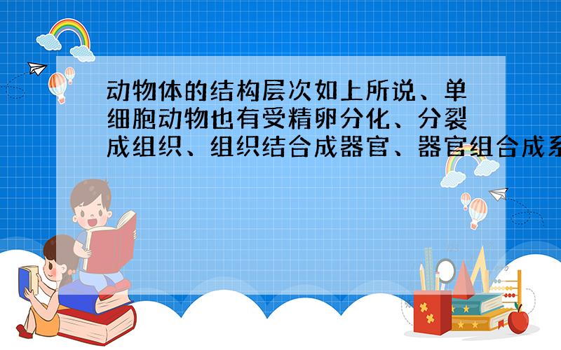 动物体的结构层次如上所说、单细胞动物也有受精卵分化、分裂成组织、组织结合成器官、器官组合成系统、系统组合为个体这种结构层